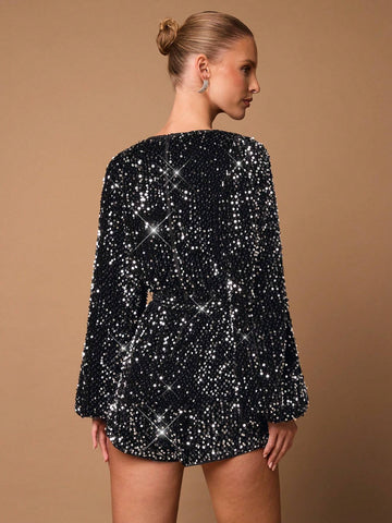 Solid Black Sexy Deep V-Neck Long Sleeve Sequin Decor Cropped Jumpsuit, Suitable For Cocktail Party, Romantic Date, Autumn/Winter Base Layer, Nightclub Party, Gathering, Formal Occasion, Going Out At Night, Halloween & Christmas