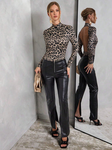 Solid Brown, Coffee Brown, Leopard Print Stand Collar Long Sleeve Backless Bodysuit Suitable For Cocktail Parties, Romantic Dates, Fall/Winter Base Layer, Party, Nightclub, Halloween, Christmas