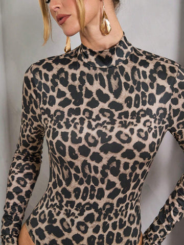 Solid Brown, Coffee Brown, Leopard Print Stand Collar Long Sleeve Backless Bodysuit Suitable For Cocktail Parties, Romantic Dates, Fall/Winter Base Layer, Party, Nightclub, Halloween, Christmas