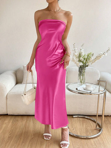 Solid Color Backless Empire Waist Strapless Dress For Summer