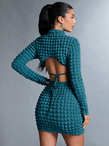 Solid Color High Collar Open Back Textured Crop Top And Skirt Set With Knot Detail