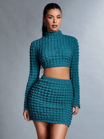 Solid Color High Collar Open Back Textured Crop Top And Skirt Set With Knot Detail