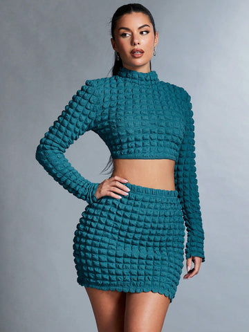 Solid Color High Collar Open Back Textured Crop Top And Skirt Set With Knot Detail