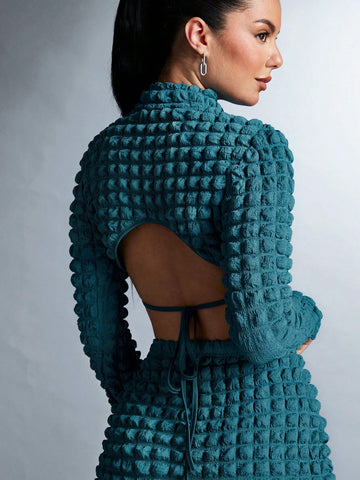 Solid Color High Collar Open Back Textured Crop Top And Skirt Set With Knot Detail