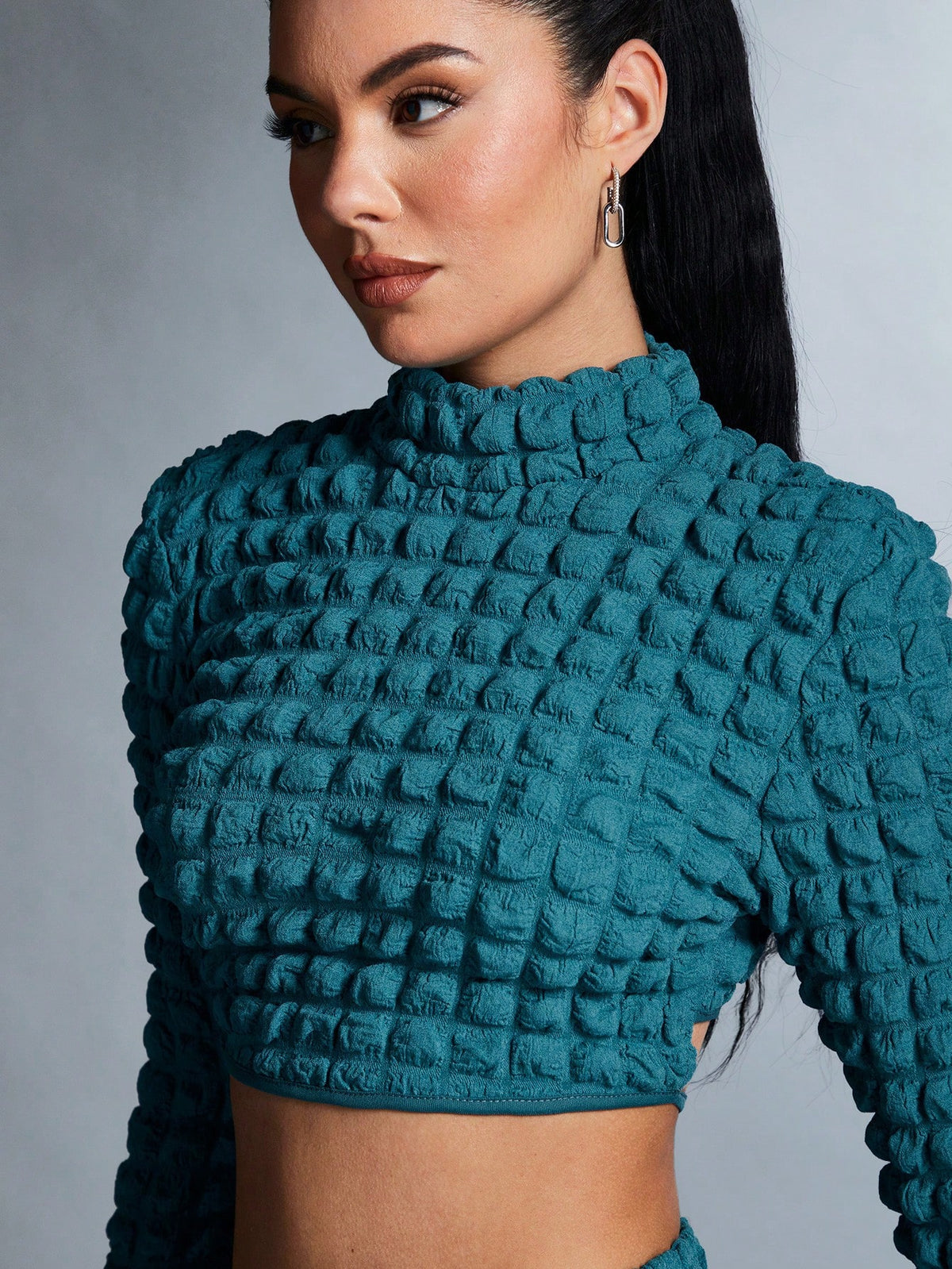 Solid Color High Collar Open Back Textured Crop Top And Skirt Set With Knot Detail