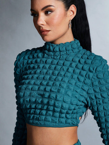 Solid Color High Collar Open Back Textured Crop Top And Skirt Set With Knot Detail