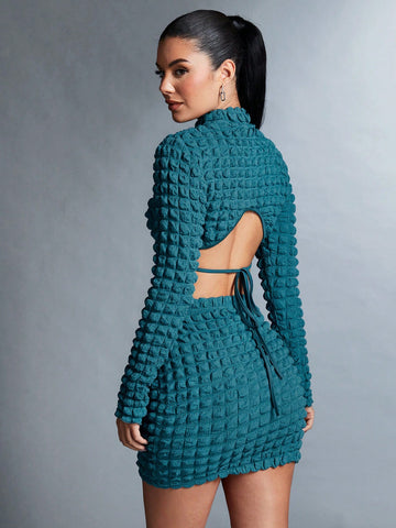 Solid Color High Collar Open Back Textured Crop Top And Skirt Set With Knot Detail