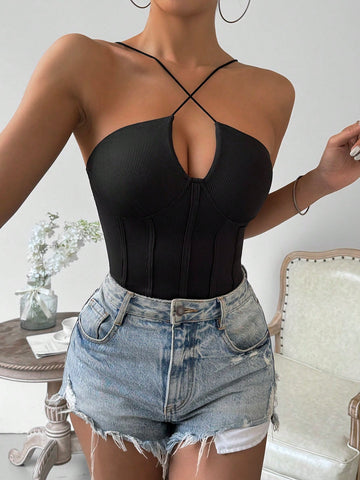 Solid Color Hollow Out Bodycon Fishbone Trace Bodysuit