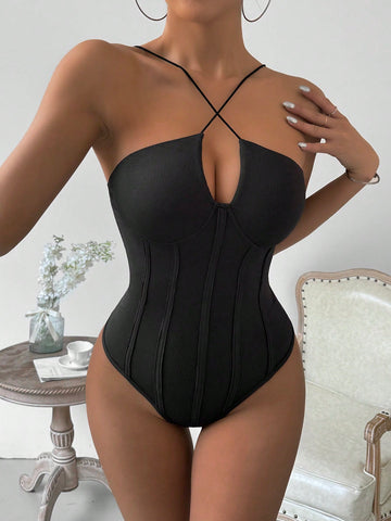 Solid Color Hollow Out Bodycon Fishbone Trace Bodysuit