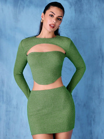 Solid Color Hollow Out Knit Long Sleeve Top And Skirt Two-Piece Set