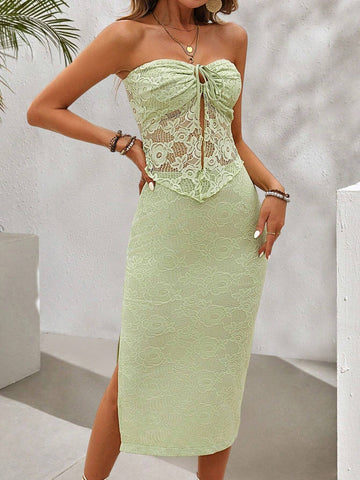 Solid Color Lace Panel Sexy Bandeau Top & Sexy Slit Skirt Women 2 Piece Set