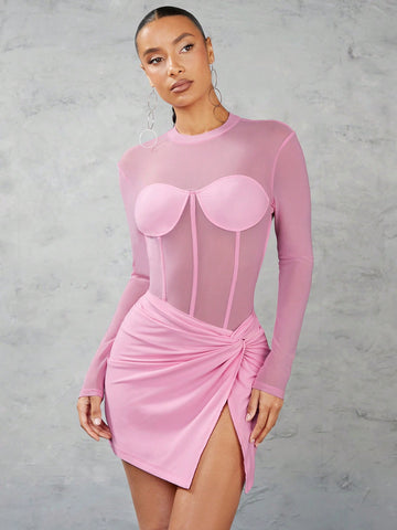 Solid Color Mesh Perspective Patchwork Bodysuit And Mesh Twist High Split Tight Skirt