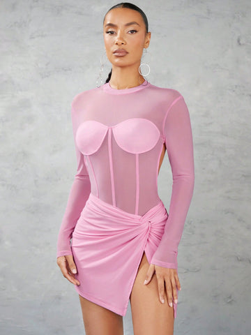 Solid Color Mesh Perspective Patchwork Bodysuit And Mesh Twist High Split Tight Skirt