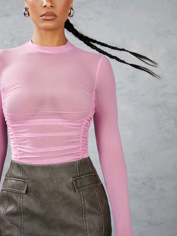 Solid Color Mesh Pleated See-Through Tight Bodysuit With Long Sleeves