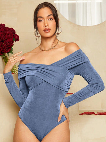 Solid Color Off Shoulder Slim Fit Pleated Bodysuit
