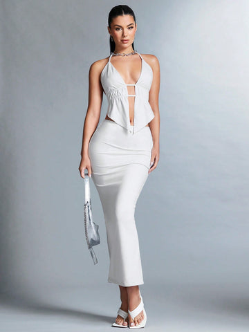 Solid Color Open Back Halter Top With Side Slit Maxi Skirt Set