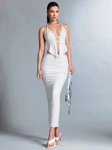 Solid Color Open Back Halter Top With Side Slit Maxi Skirt Set