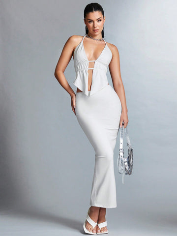 Solid Color Open Back Halter Top With Side Slit Maxi Skirt Set