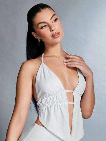 Solid Color Open Back Halter Top With Side Slit Maxi Skirt Set
