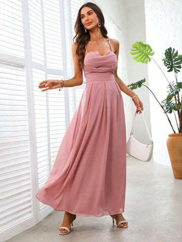 Solid Color Pleated Crossed Tie Back Sleeveless Bridesmaid Dress With Waist Cinched Detail
