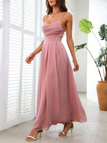 Solid Color Pleated Crossed Tie Back Sleeveless Bridesmaid Dress With Waist Cinched Detail