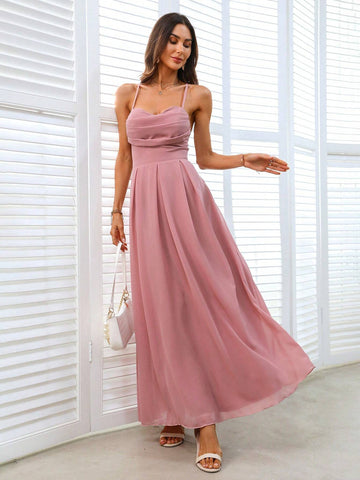 Solid Color Pleated Crossed Tie Back Sleeveless Bridesmaid Dress With Waist Cinched Detail