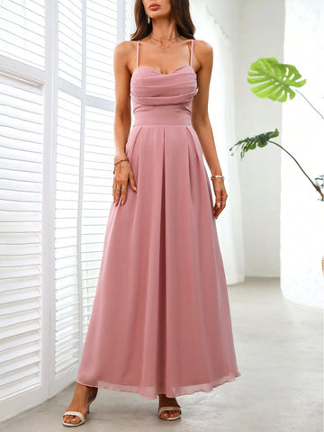 Solid Color Pleated Crossed Tie Back Sleeveless Bridesmaid Dress With Waist Cinched Detail