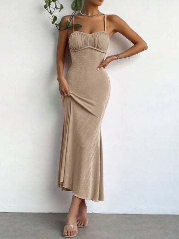Solid Color Pleated Fish Tail Hem Cami Dress