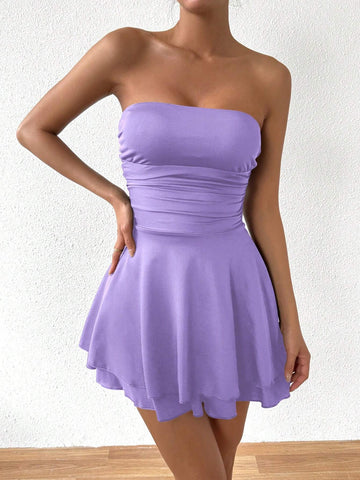 Solid Color Pleated Strapless Dress With Belted Waist