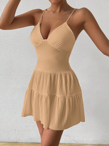 Solid Color Spaghetti Strap Ruched Simple Short Casual Dress
