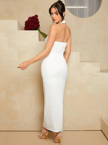 Solid Color Suit Style Halter Top And Skirt Set