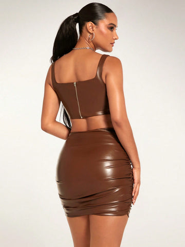 Solid Crop PU Leather Tank Top & Ruched Bodycon Skirt