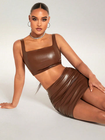 Solid Crop PU Leather Tank Top & Ruched Bodycon Skirt