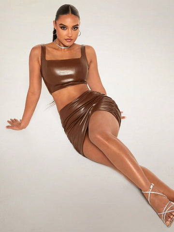 Solid Crop PU Leather Tank Top & Ruched Bodycon Skirt