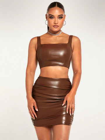 Solid Crop PU Leather Tank Top & Ruched Bodycon Skirt