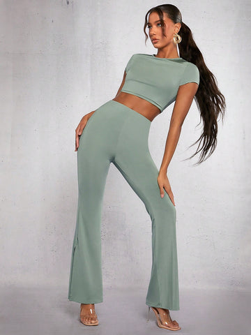 Solid Crop Tee & Flare Leg Pants