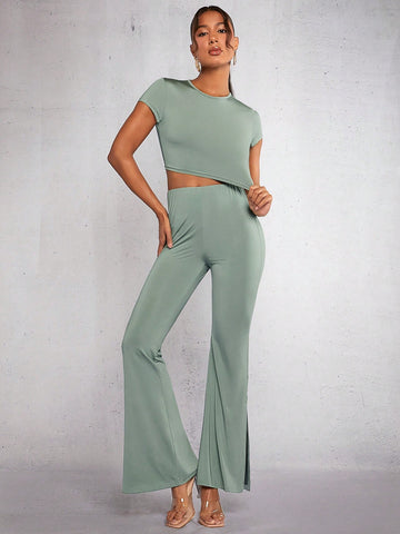 Solid Crop Tee & Flare Leg Pants
