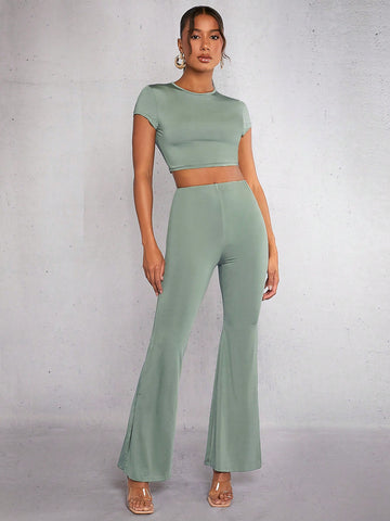 Solid Crop Tee & Flare Leg Pants