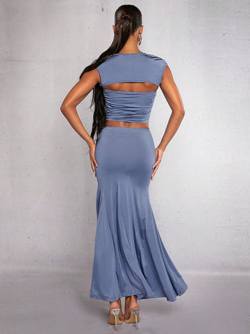 Solid Crop Top & Mermaid Hem Skirt