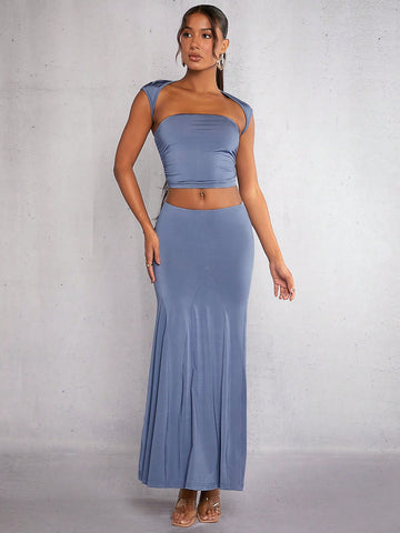 Solid Crop Top & Mermaid Hem Skirt