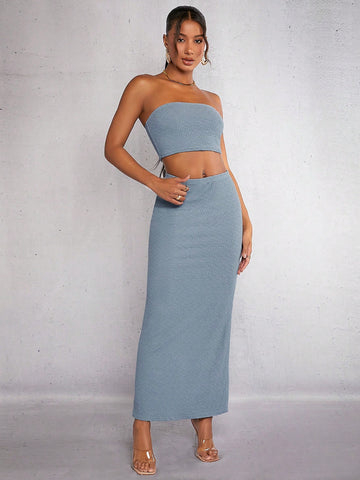 Solid Crop Tube Top & Skirt