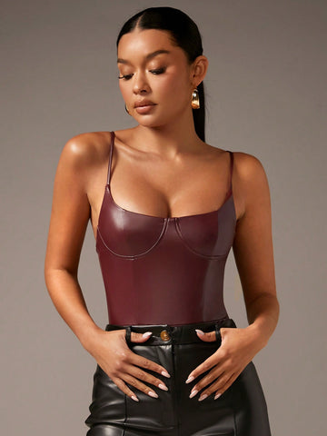 Solid PU Leather Cami Bodysuit