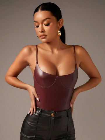 Solid PU Leather Cami Bodysuit