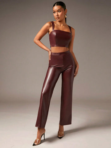 Solid PU Leather Cami Top & Pants