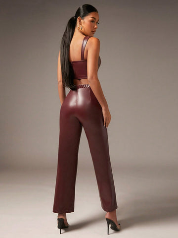 Solid PU Leather Cami Top & Pants
