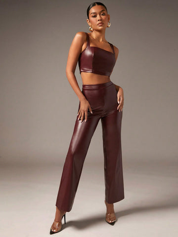 Solid PU Leather Cami Top & Pants