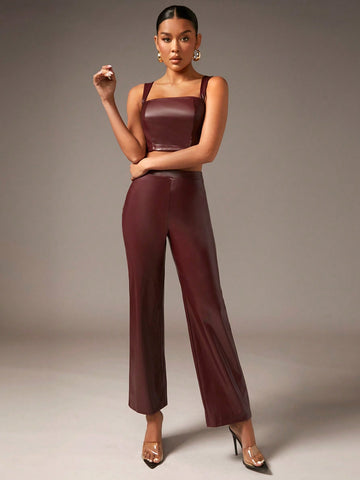 Solid PU Leather Cami Top & Pants