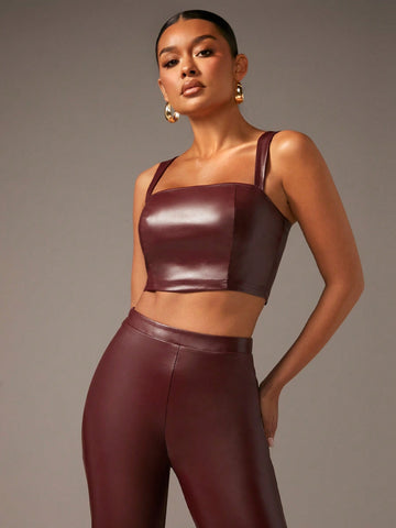 Solid PU Leather Cami Top & Pants