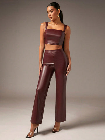 Solid PU Leather Cami Top & Pants