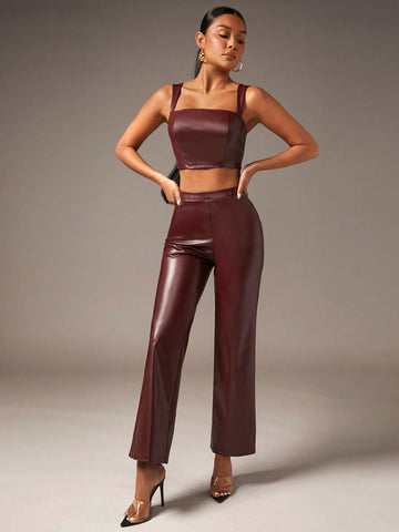 Solid PU Leather Cami Top & Pants